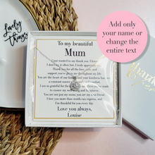 Load image into Gallery viewer, Personalised Thank You gift for Mum. Sterling silver necklace in luxury gift box. A unique keepsake for mum.