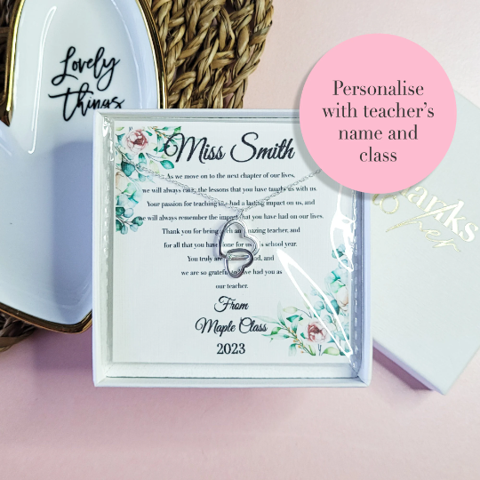 Thank you gift for teacher. End of the school year personalised gift for tutor. Sterling silver jewellery with custom heartfelt message.