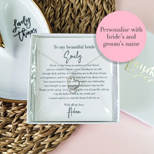 Load image into Gallery viewer, Personalised gift for the bride from groom n their wedding day. Sterling silver necklace with heartfelt personalised message.
