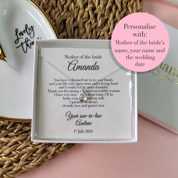 Mother of the bride wedding gift from the groom. Personalised message for the mother of the bride from groom on the wedding day.