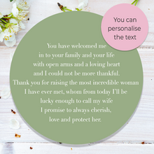 Load image into Gallery viewer, Unique and personalised message for mother of the bride on the wedding day. Gift from the groom for mother-in-law.