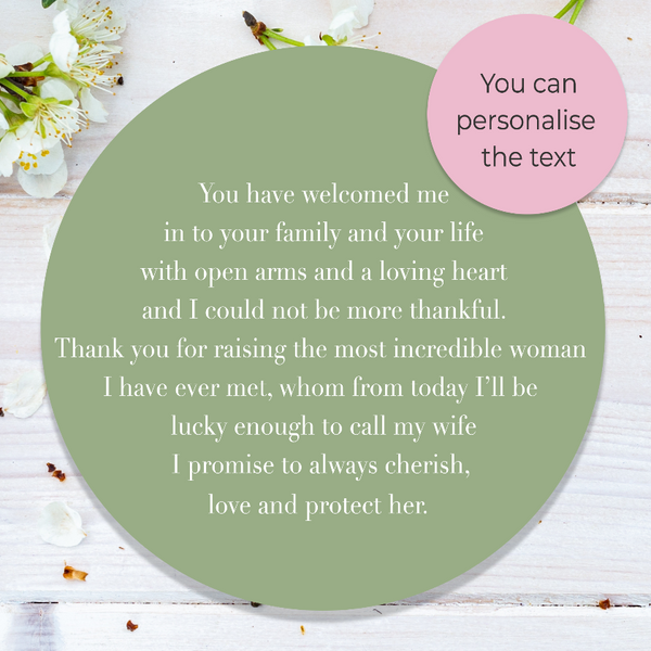 Unique and personalised message for mother of the bride on the wedding day. Gift from the groom for mother-in-law.
