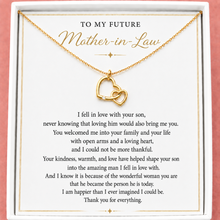 Load image into Gallery viewer, Meaningful jewelly gift for the Mother of the Groom. Gold hearts necklace with interlocking hearts on a card addressed to a future mother-in-law.
