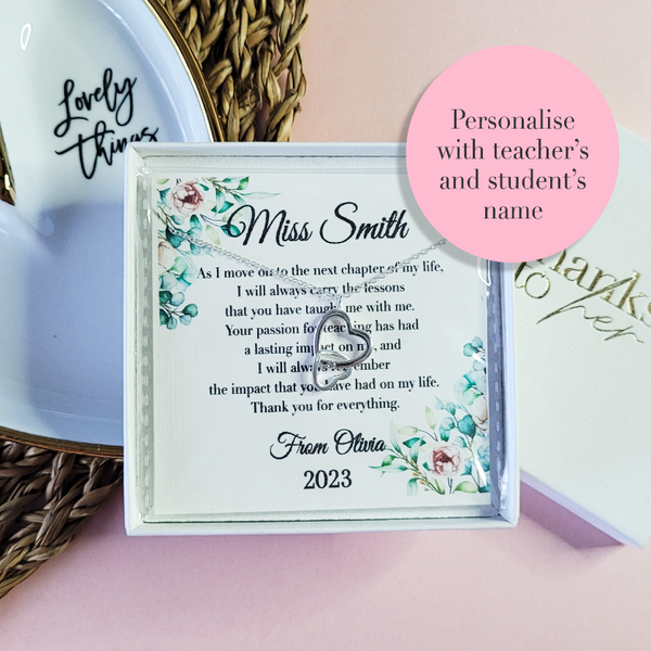 Thank you gift for teacher. End of the school year personalised gift for tutor. Sterling silver jewellery with custom heartfelt message.