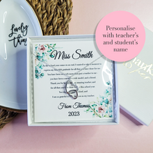 Load image into Gallery viewer, Thank you gift for teacher. End of the school year personalised gift for tutor. Sterling silver jewellery with custom heartfelt message.