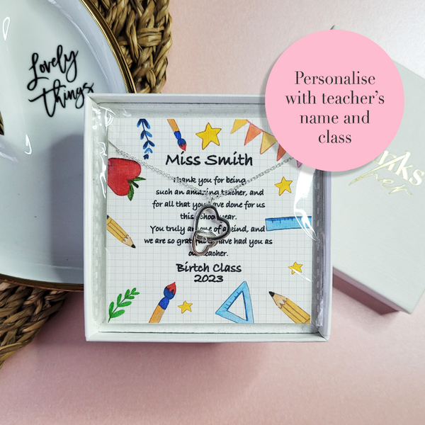 Teacher appreciation gift from the entire class. Personalised message with sterling silver jewellery.