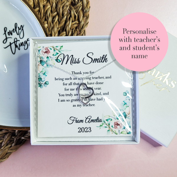 Thank you gift for teacher. End of the school year personalised gift for tutor. Sterling silver jewellery with custom heartfelt message.