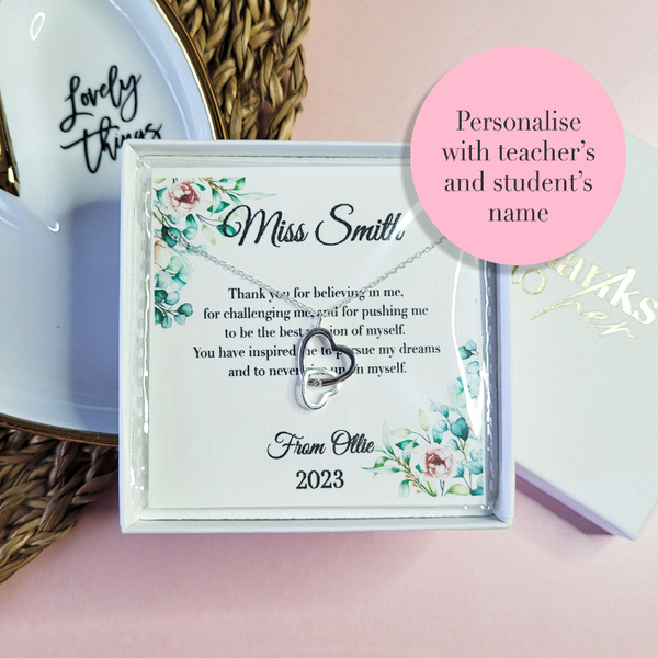 Thank you gift for teacher. End of the school year personalised gift for tutor. Sterling silver jewellery with custom heartfelt message.