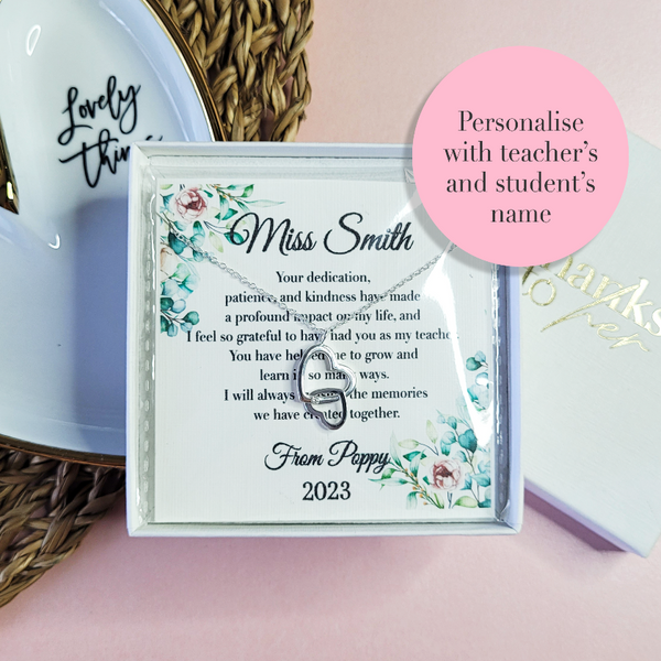 Thank you gift for teacher. End of the school year personalised gift for tutor. Sterling silver jewellery with custom heartfelt message.