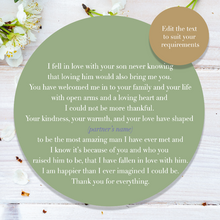Load image into Gallery viewer, Mother-In-Law Wedding Gift | Mother of the groom jewellery gift | Choose from 6 designs and personalise the text | Personalised gift