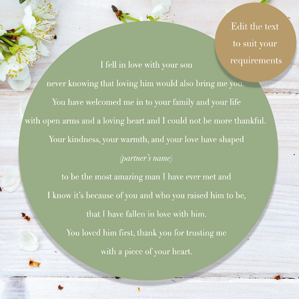 Personalised poem for mother in law on wedding day. Edit the text to suit your requirements.