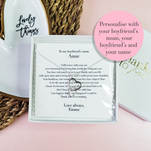 Load image into Gallery viewer, Personalised mother's day gift for boyfriend's mum. Unique gift for partner's mother with a personalised message and sterling silver jewellery.