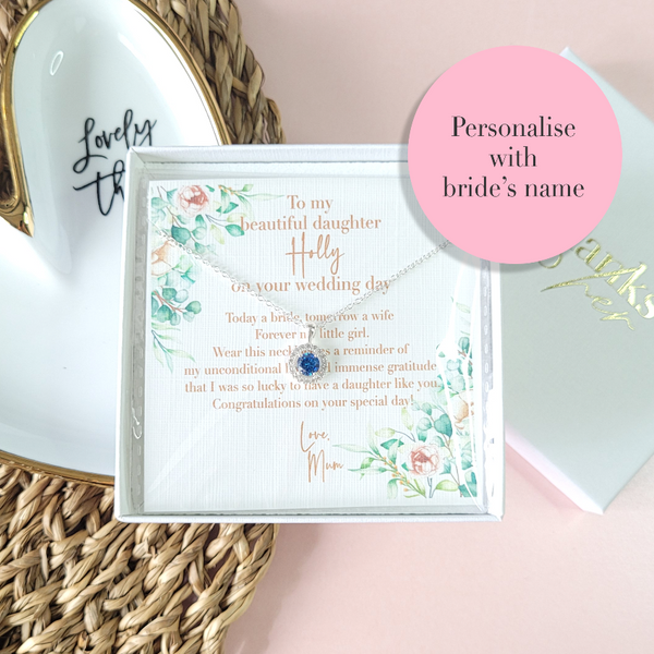 Personalised wedding gift for the bride from the mother of the bride. Today a bride tomorrow a wife. Sterling silver necklace for the bride from her mum.
