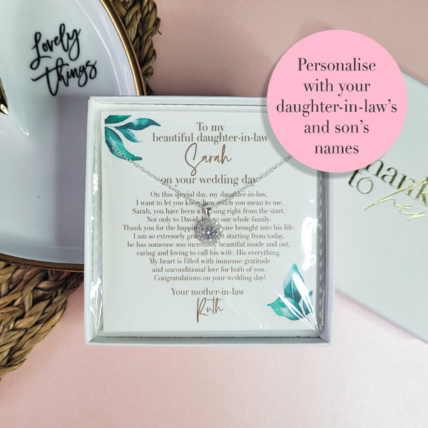 Personalised wedding gift for daughter-in-law from mother-in-law. Sterling silver necklace or earrings with unique personalised poem.  Wedding day keepsake for the bride.