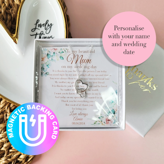 Personalised jewellery gift for mother of the bride from the bride. Sterling silver necklace gift for mother of the bride. Unique poem for mom on the wedding day printed on a magnetic paper.