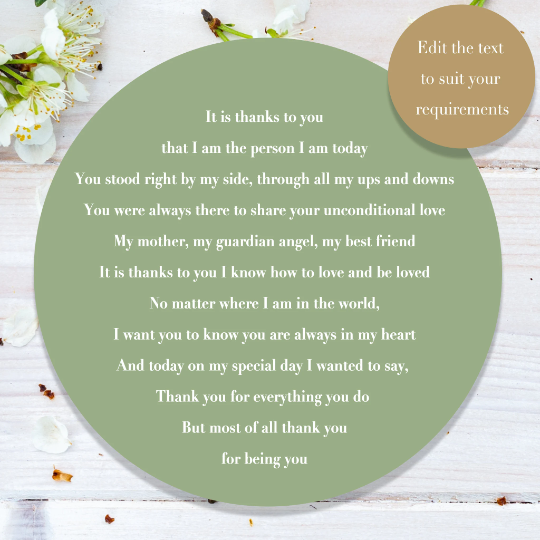 Poem for the mother of the bride. Personalise the text to suit your requirements.