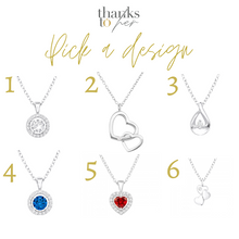 Load image into Gallery viewer, Personalised jewellery gift for mother of the bride. choose from six different designs of sterling silver jewellery.