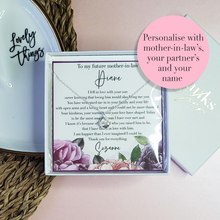 Load image into Gallery viewer, Personalised poem wedding gift for future mother of the groom. Sterling silver necklace or stud earrings for future mother-in-law from the bride.