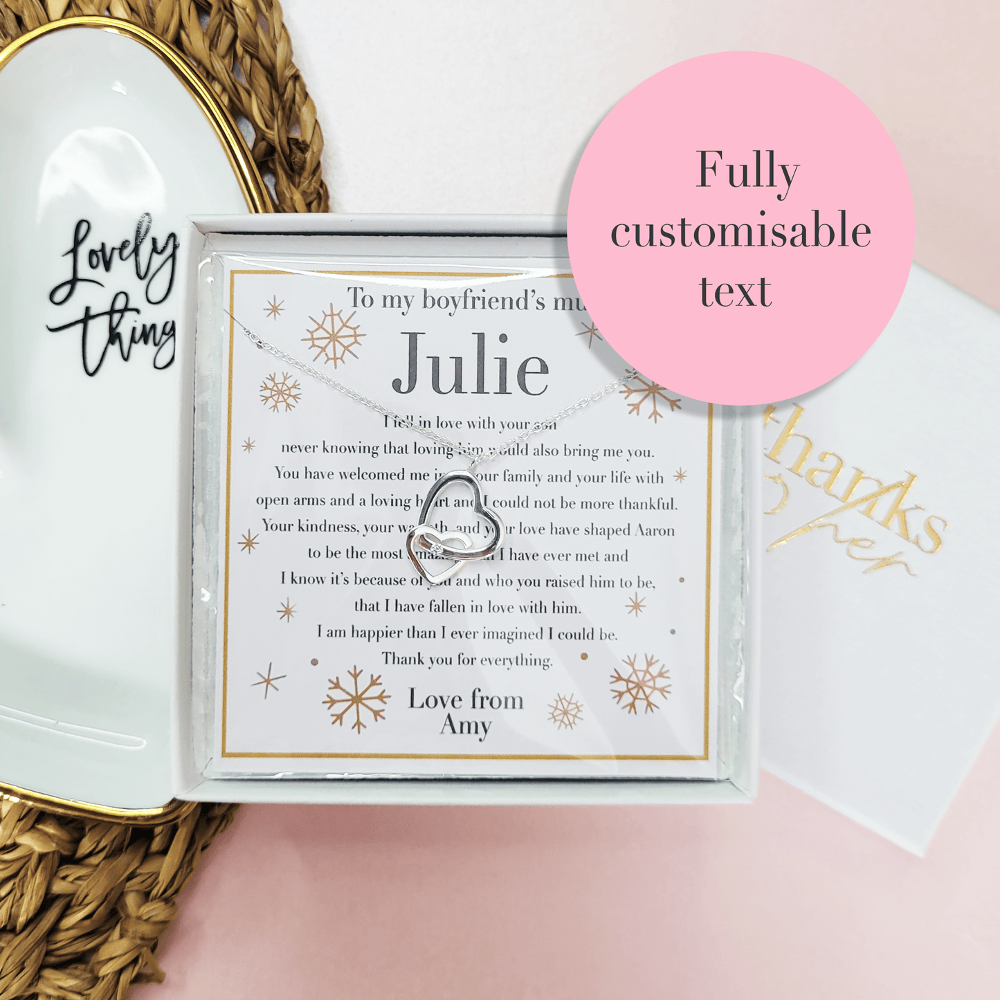 Personalised Christmas gift for boyfriend's mum. Sterling silver jewellery with unique and personalised poem in elegant gift box.