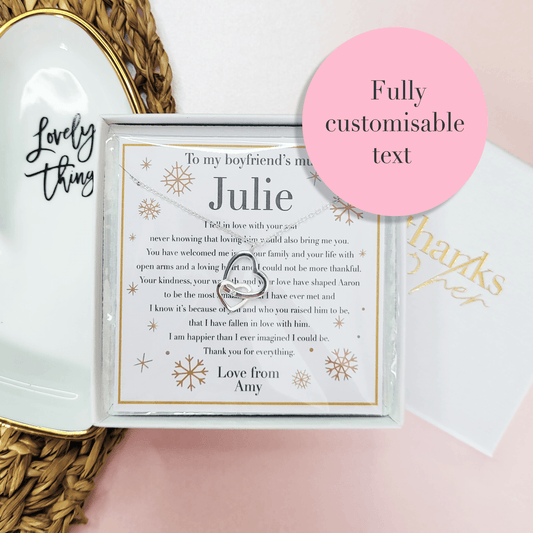 Personalised Christmas gift for boyfriend's mum. Sterling silver jewellery with unique and personalised poem in elegant gift box.