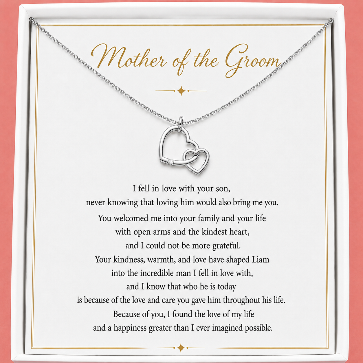 Necklace with interlocking heart pendants on a card for 'Mother of the Groom' with a heartfelt message.