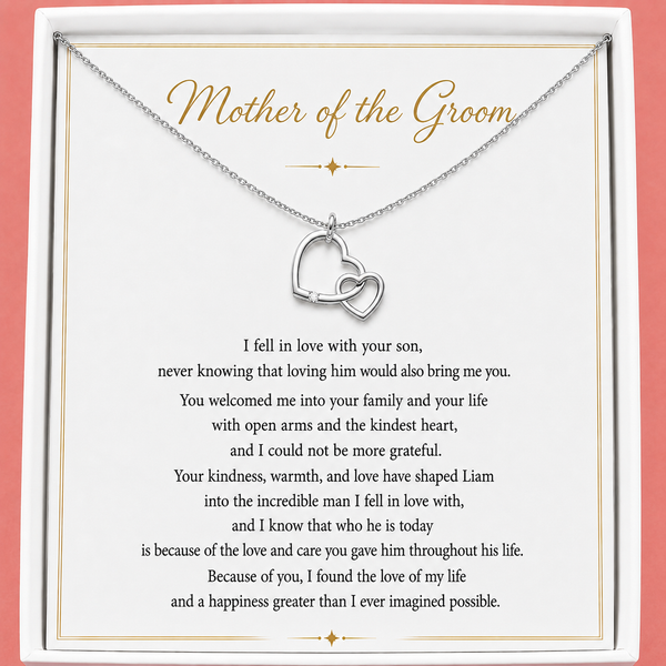 Necklace with interlocking heart pendants on a card for 'Mother of the Groom' with a heartfelt message.