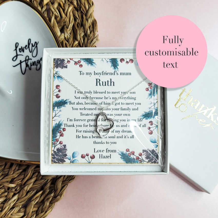 Personalised Christmas gift for boyfriend's mum. Sterling silver jewellery with unique and personalised poem in elegant gift box.