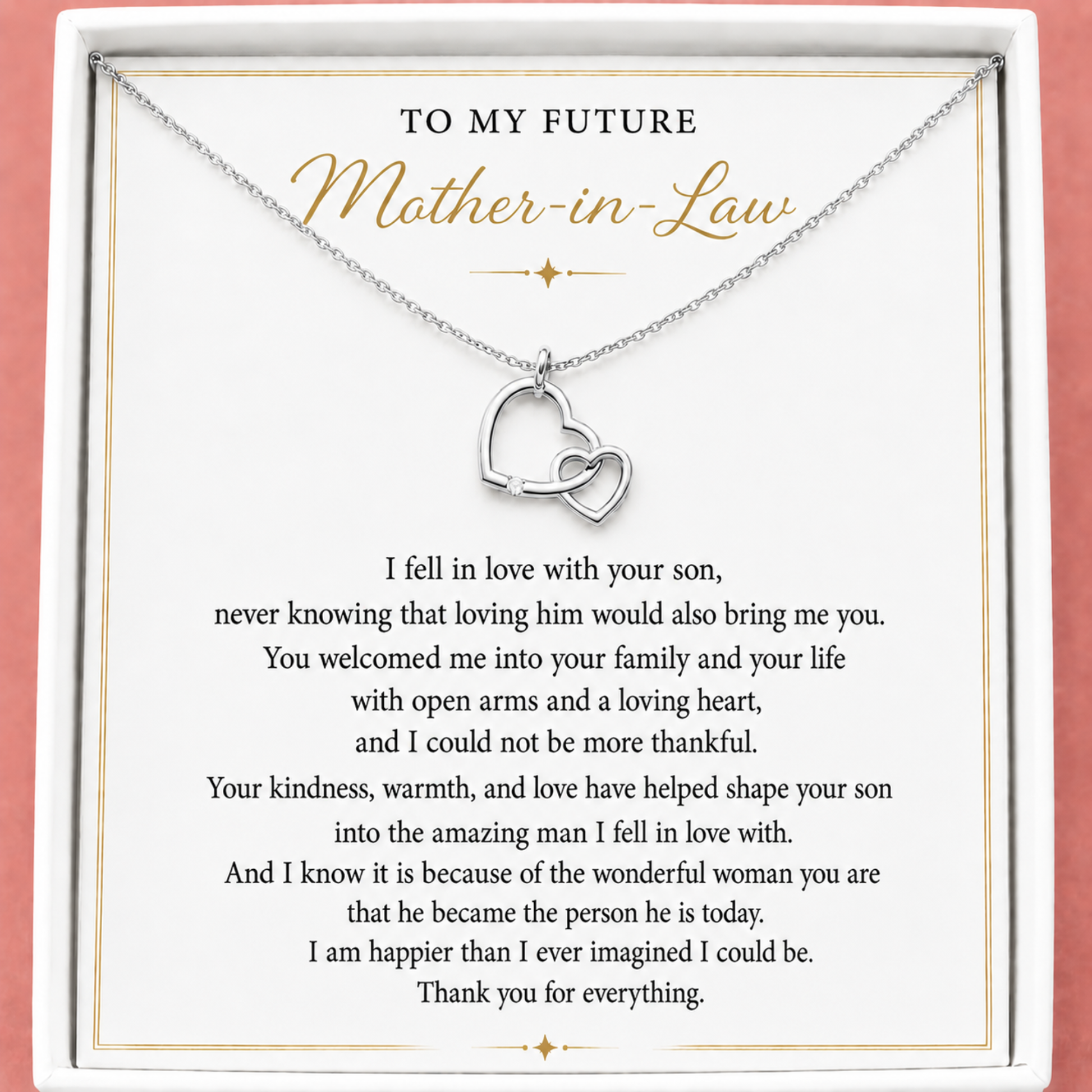 Meaningful jewelly gift for the Mother of the Groom. Silver hearts necklace with interlocking hearts on a card addressed to a future mother-in-law.