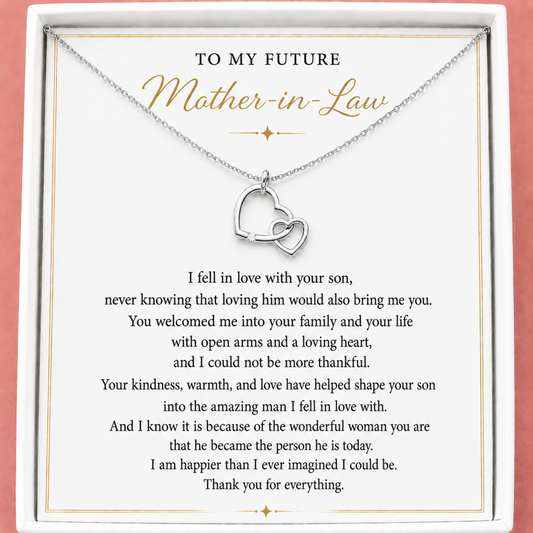 Meaningful jewelly gift for the Mother of the Groom. Silver hearts necklace with interlocking hearts on a card addressed to a future mother-in-law.