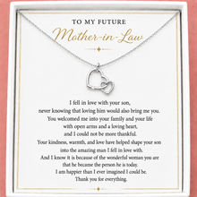 Load image into Gallery viewer, Meaningful jewelly gift for the Mother of the Groom. Silver hearts necklace with interlocking hearts on a card addressed to a future mother-in-law.
