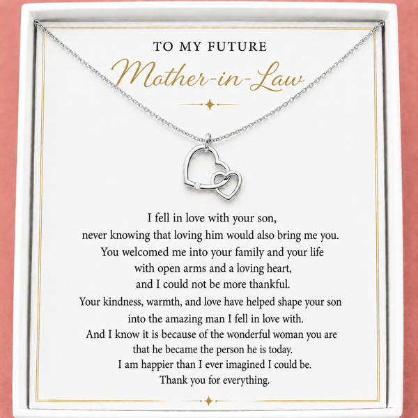 Meaningful jewelly gift for the Mother of the Groom. Silver hearts necklace with interlocking hearts on a card addressed to a future mother-in-law.
