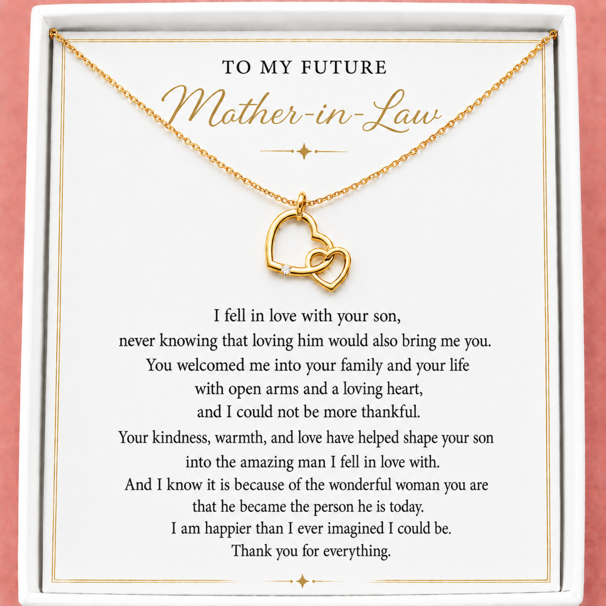Meaningful jewelly gift for the Mother of the Groom. Gold hearts necklace with interlocking hearts on a card addressed to a future mother-in-law.
