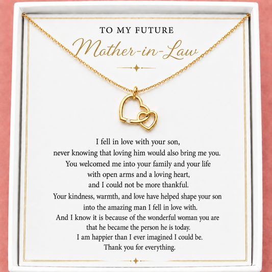 Meaningful jewelly gift for the Mother of the Groom. Gold hearts necklace with interlocking hearts on a card addressed to a future mother-in-law.
