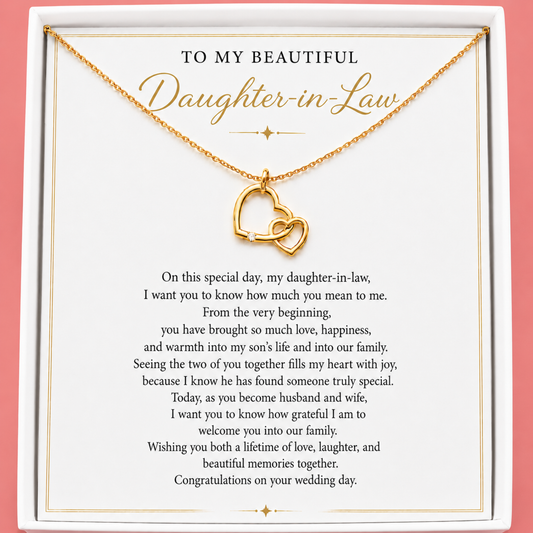 Meaningful gift for daughter in law on her wedding day with two connected hearts necklace