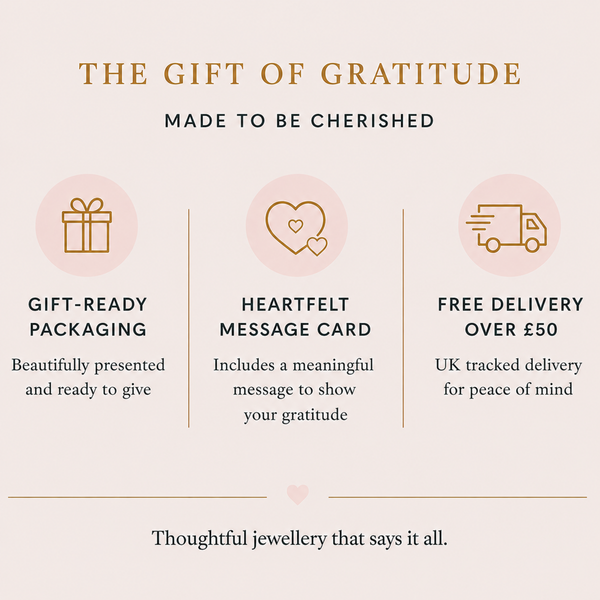 Promotional text about a gift set with packaging, message card, and free delivery on a light pink background.