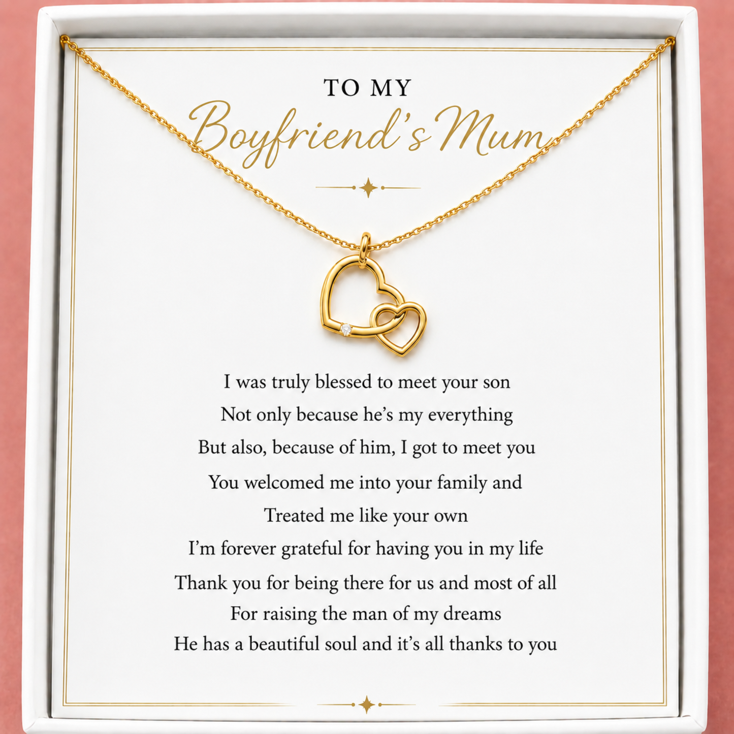 Gold necklace with interlocking hearts on a card addressed to 'To My Boyfriend's Mum' with a heartfelt message.