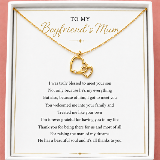 Gold necklace with interlocking hearts on a card addressed to 'To My Boyfriend's Mum' with a heartfelt message.