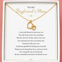Load image into Gallery viewer, Gold necklace with interlocking hearts on a card addressed to 'To My Boyfriend's Mum' with a heartfelt message.
