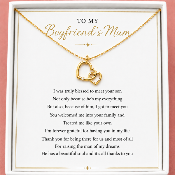 Gold necklace with interlocking hearts on a card addressed to 'To My Boyfriend's Mum' with a heartfelt message.