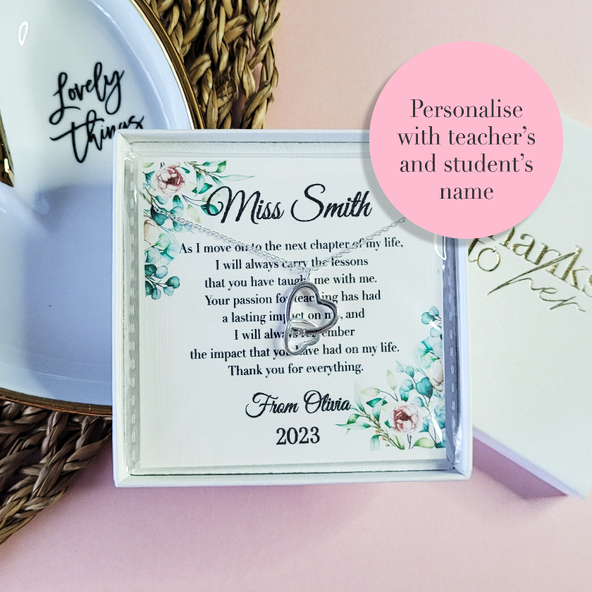 Thank you gift for teacher. End of the school year personalised gift for tutor. Sterling silver jewellery with custom heartfelt message.