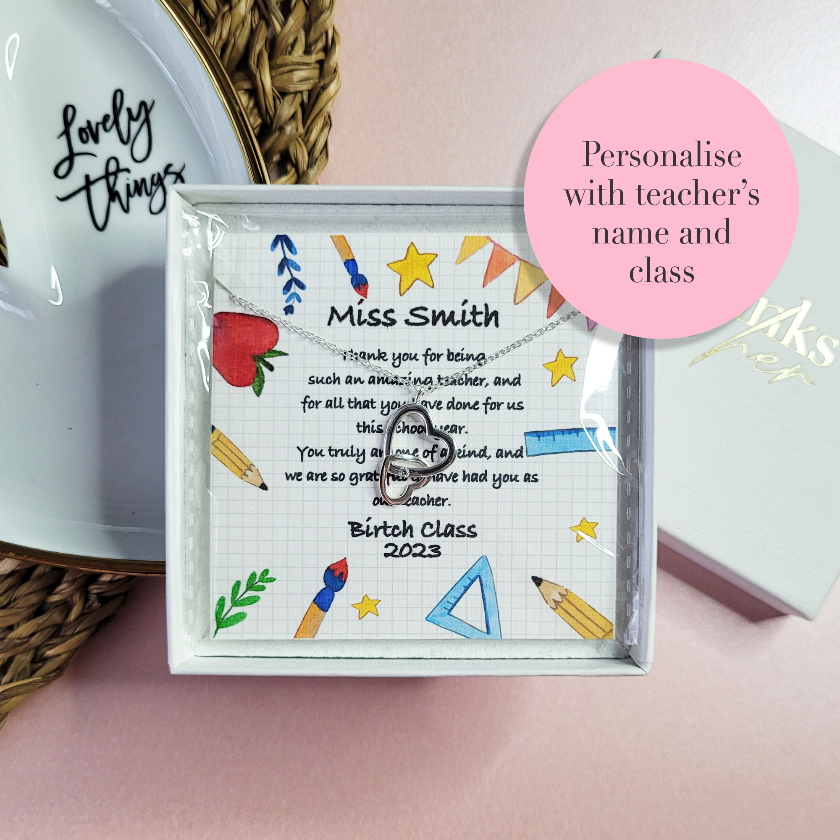 Teacher appreciation gift from the entire class. Personalised message with sterling silver jewellery.