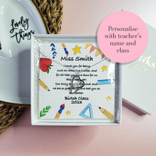 Load image into Gallery viewer, Teacher appreciation gift from the entire class. Personalised message with sterling silver jewellery.
