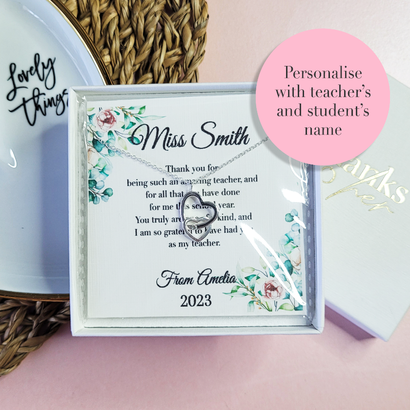 Thank you gift for teacher. End of the school year personalised gift for tutor. Sterling silver jewellery with custom heartfelt message.