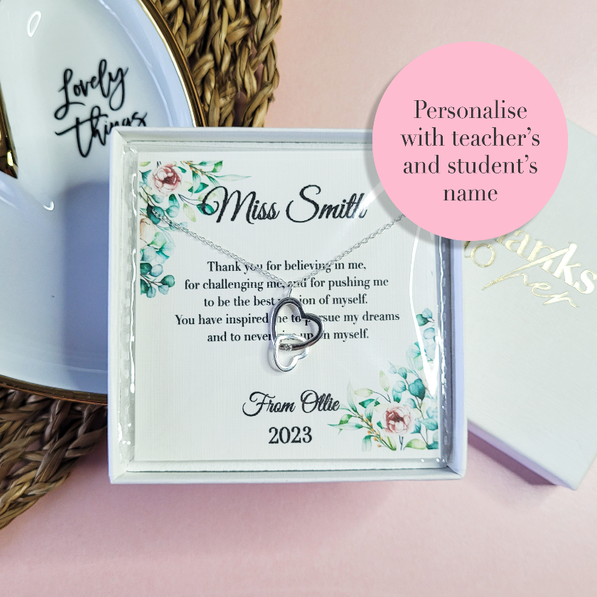 Thank you gift for teacher. End of the school year personalised gift for tutor. Sterling silver jewellery with custom heartfelt message.
