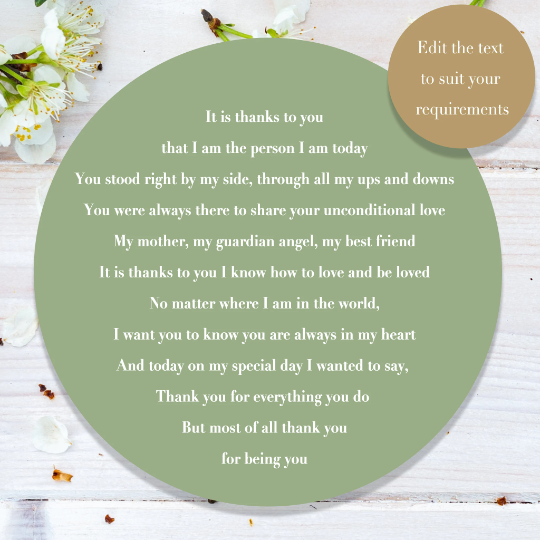 Poem for the mother of the bride. Personalise the text to suit your requirements. 