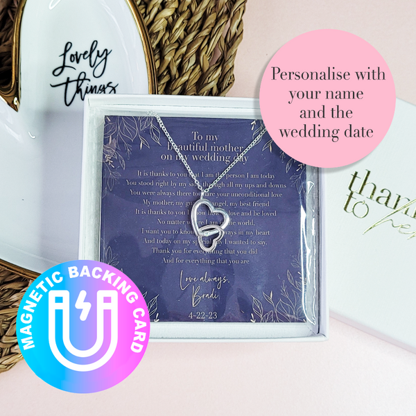 Personalised jewellery gift for mother of the bride from the bride. Sterling silver necklace gift for mother of the bride. Unique poem for mom on the wedding day printed on a magnetic paper.